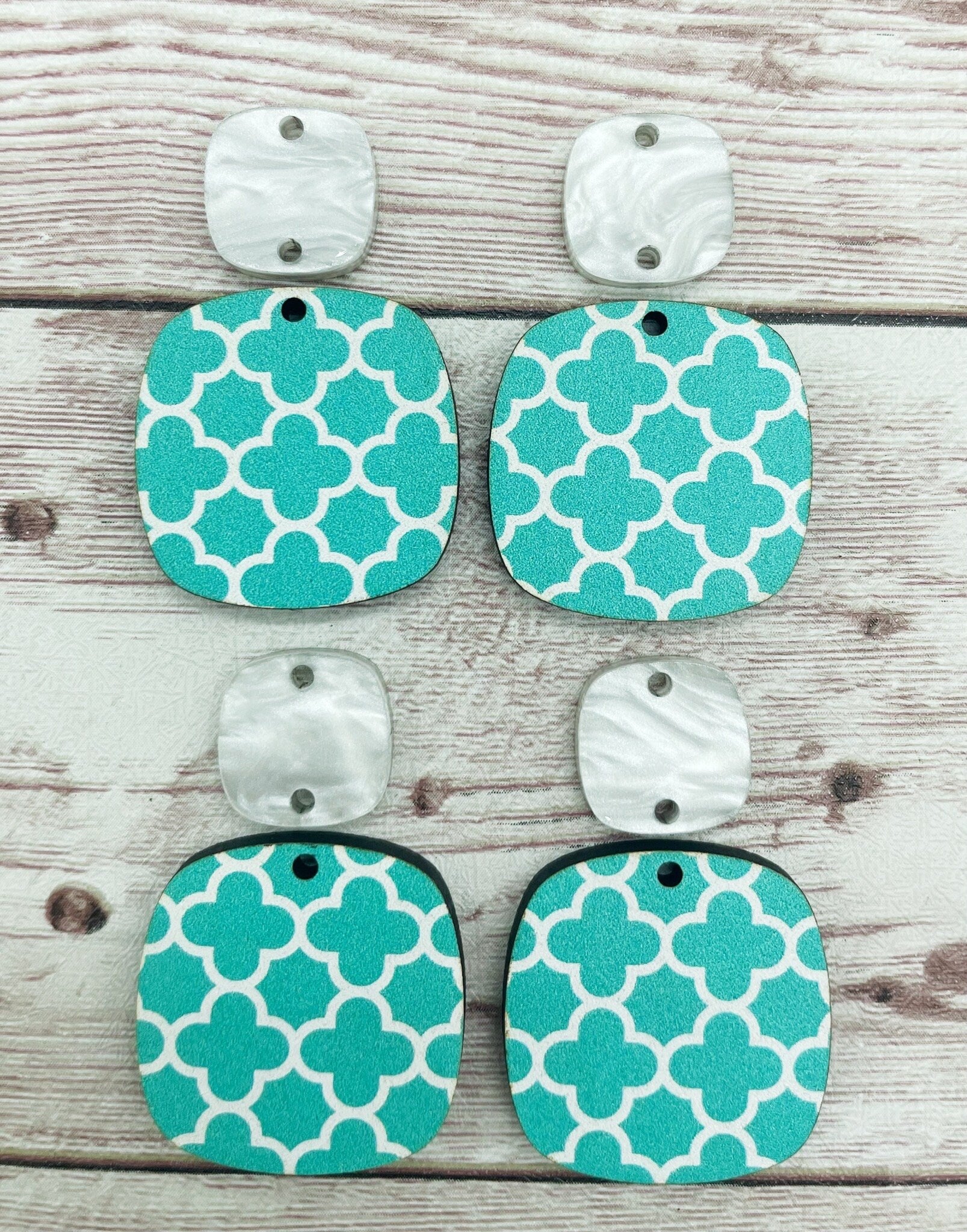 Patterned Aqua Print Wood and Acrylic Rounded Square Set Earring Blanks, DIY Jewelry Making