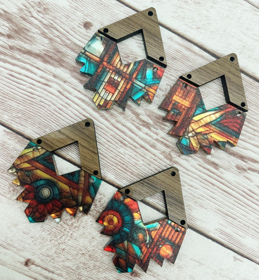 Metallic Southwest Aztec Print Acrylic and Wood Earring Blanks, DIY Jewelry Making