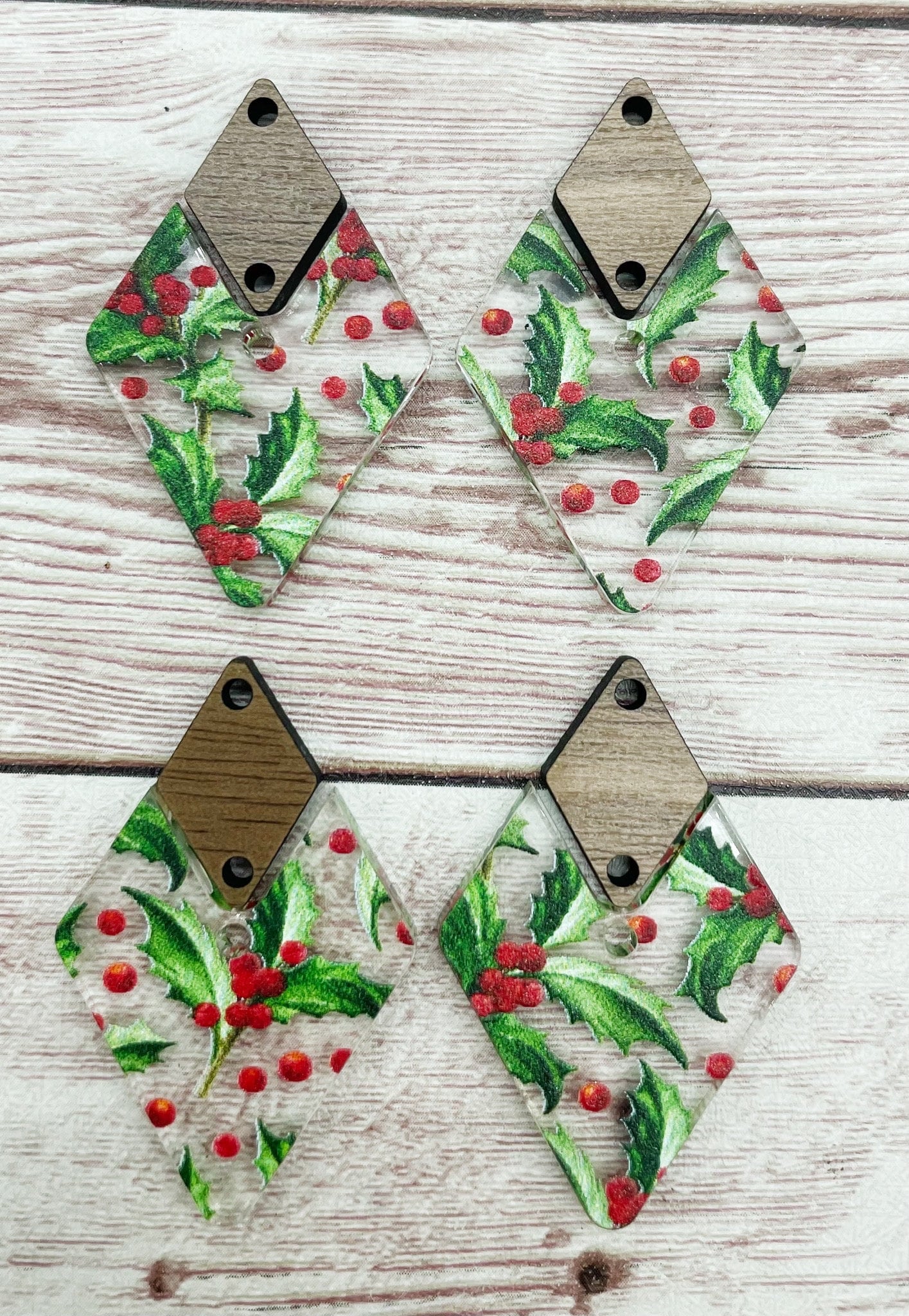 Christmas Winter Holly Berry Acrylic and Wood Diamond Connector Set Earring Blanks, DIY Jewelry Making