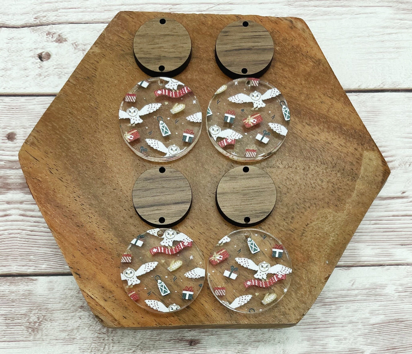 Patterned Winter Owl and Present Acrylic and Wood Circle Set Earring Blanks, DIY Jewelry Making