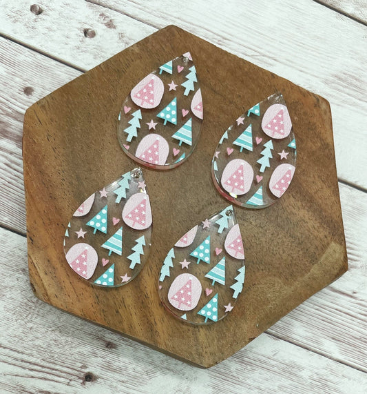 Patterned Pink and Mint Christmas Tree Print Winter Acrylic Teardrop Earring Blanks, DIY Jewelry Making