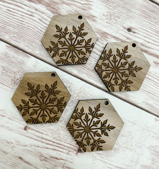 Wood Engraved Snowflake Hexagon Earring Blanks, Finished Walnut Blank, DIY Jewelry Making