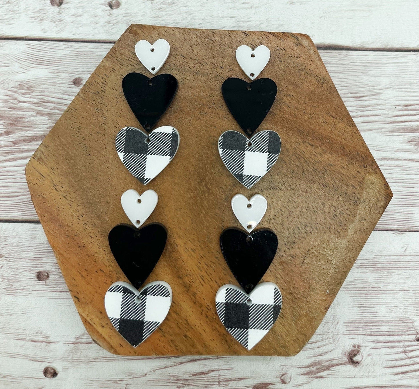 Black and White Plaid Triple Stacked Hearts Valentine’s Earring Blanks, DIY Jewelry Making