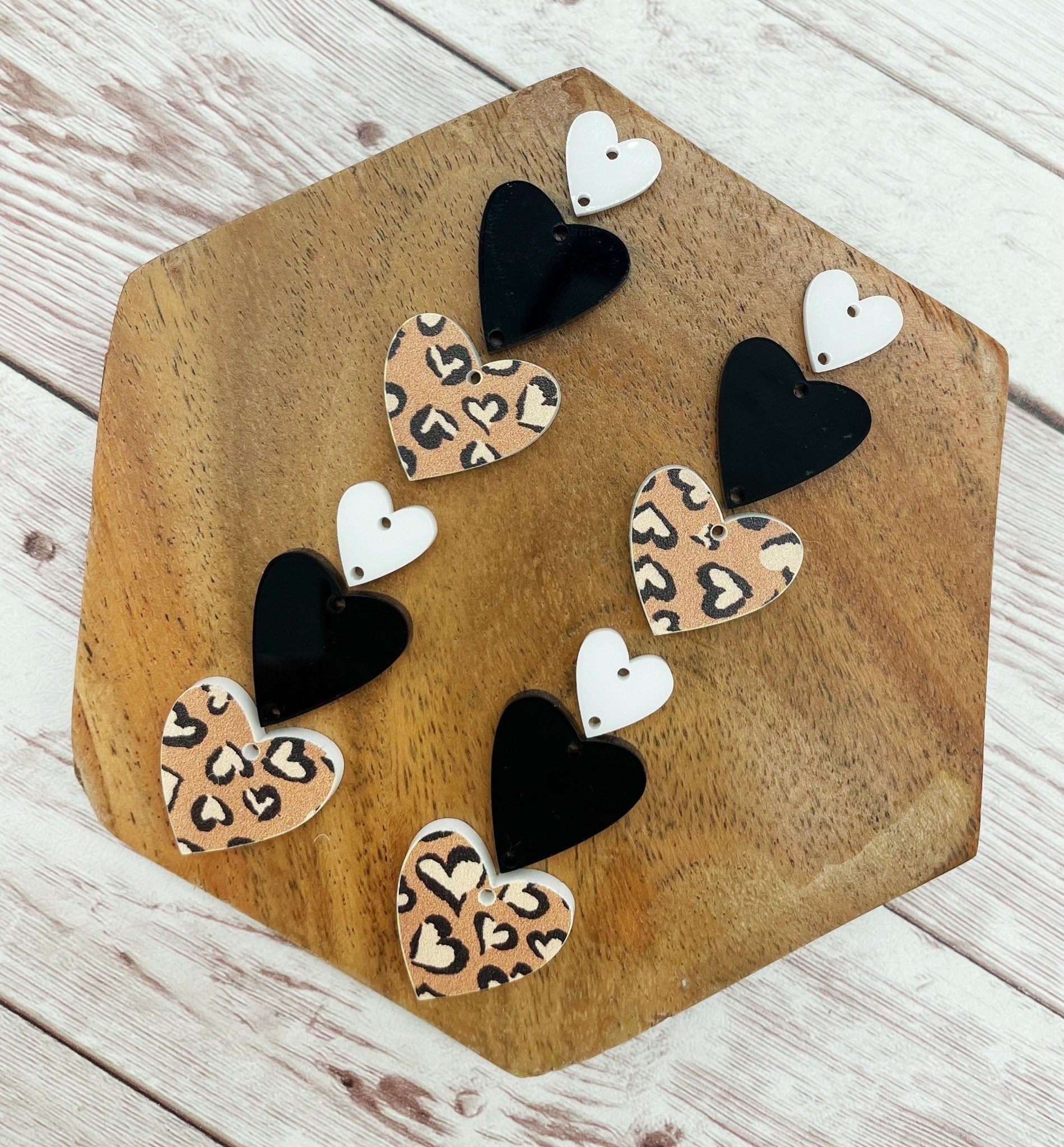 Leopard Style Print Triple Stacked Hearts Valentine’s Earring Blanks, DIY Jewelry Making