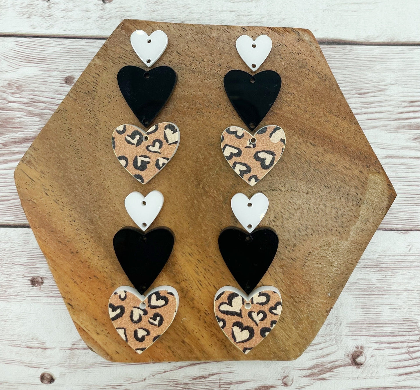 Leopard Style Print Triple Stacked Hearts Valentine’s Earring Blanks, DIY Jewelry Making