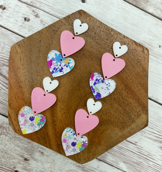 Paint Splatter Print Acrylic Triple Stacked Hearts Valentine’s Earring Blanks, DIY Jewelry Making