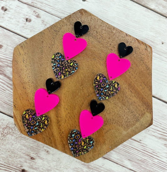 Rainbow Leopard Print Acrylic Triple Stacked Hearts Valentine’s Earring Blanks, DIY Jewelry Making