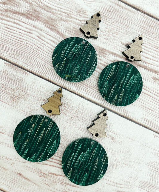 Christmas Winter Green Skinny Tree Print Acrylic and Wood Tree Connector Set Earring Blanks, DIY Jewelry Making