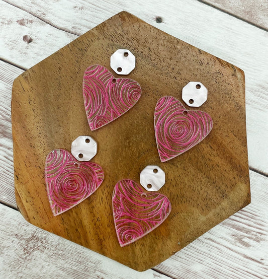 Pink Rose Print Heart Acrylic Connector Set Valentine’s Earring Blanks, DIY Jewelry Making