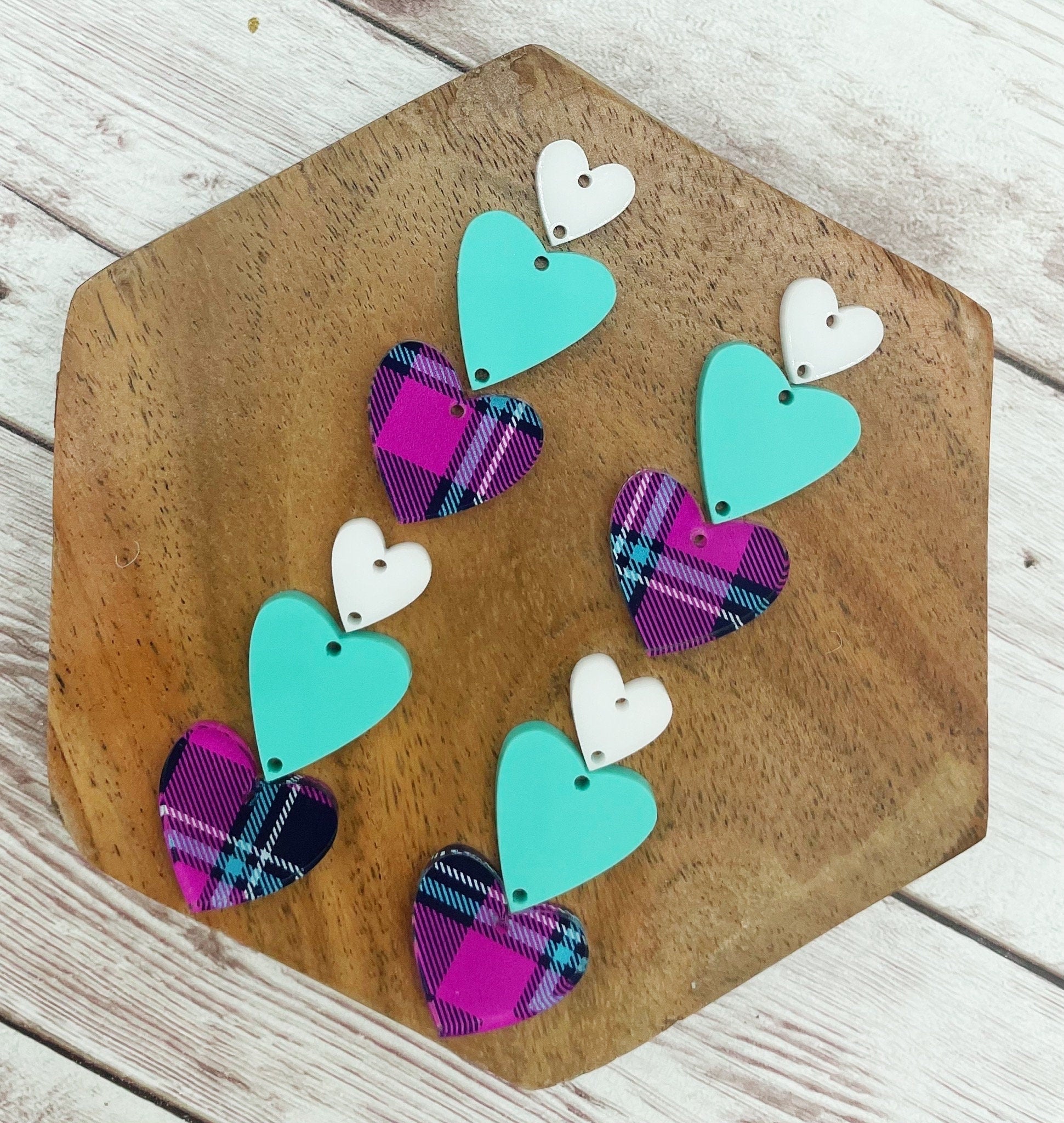 Pink and Teal Plaid Triple Stacked Hearts Valentine’s Earring Blanks, DIY Jewelry Making