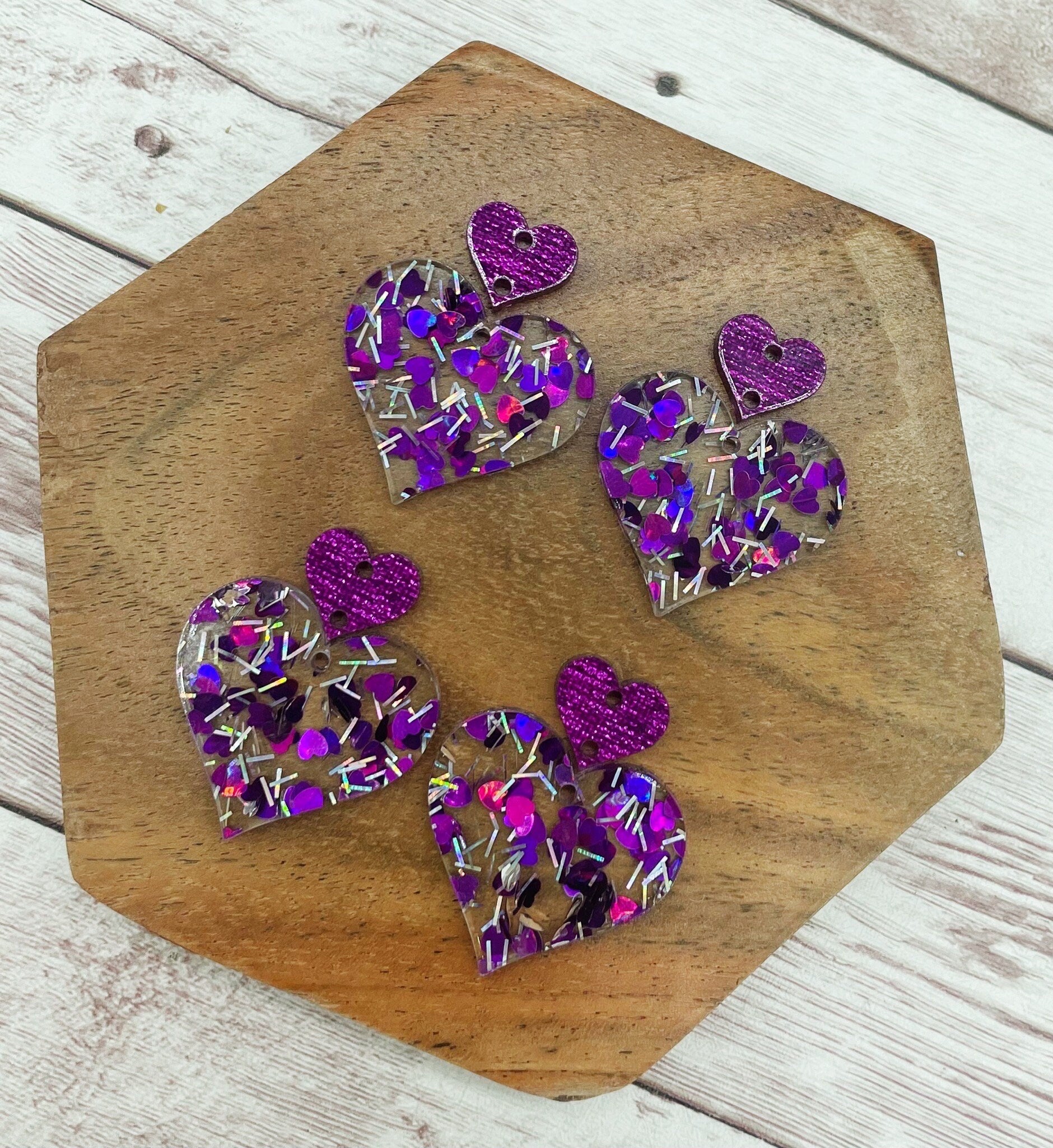 Purple Silver Heart Acrylic and Purple Heart Connector Valentine Earring Blanks, DIY Jewelry Making