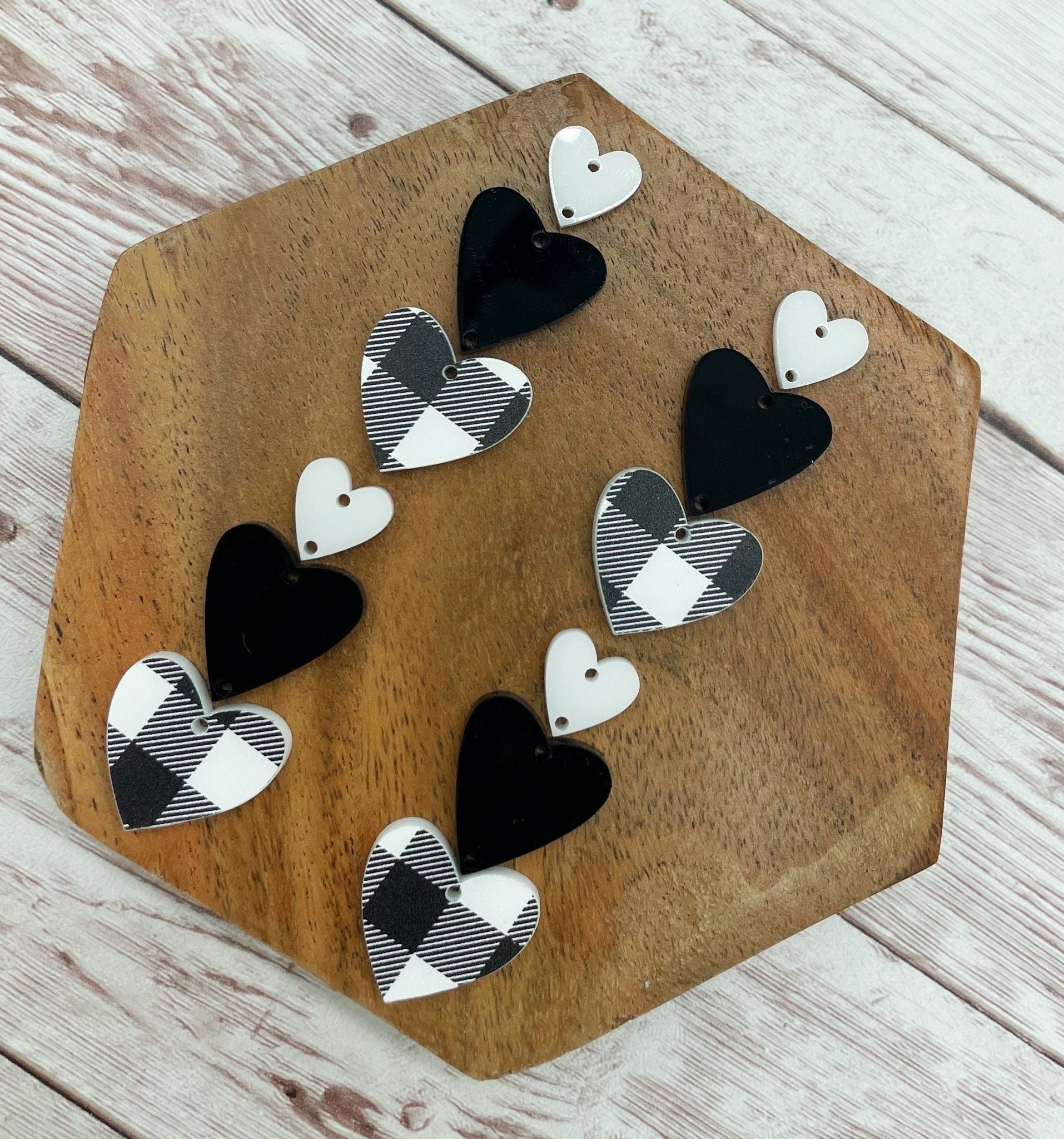 Black and White Plaid Triple Stacked Hearts Valentine’s Earring Blanks, DIY Jewelry Making