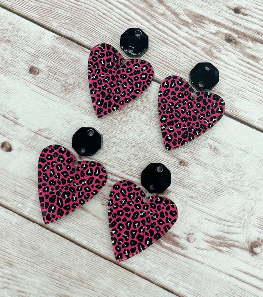 Pink Leopard Print Heart Acrylic Connector Set Valentine’s Earring Blanks, DIY Jewelry Making