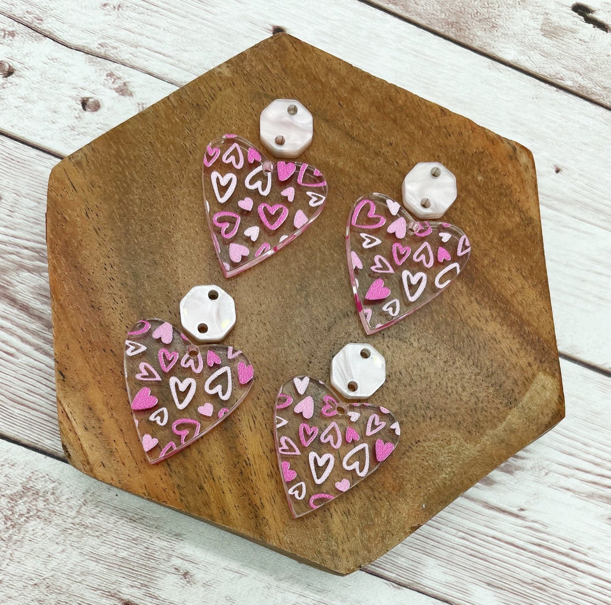 Pink Heart Print Acrylic Connector Set Valentine’s Earring Blanks, DIY Jewelry Making