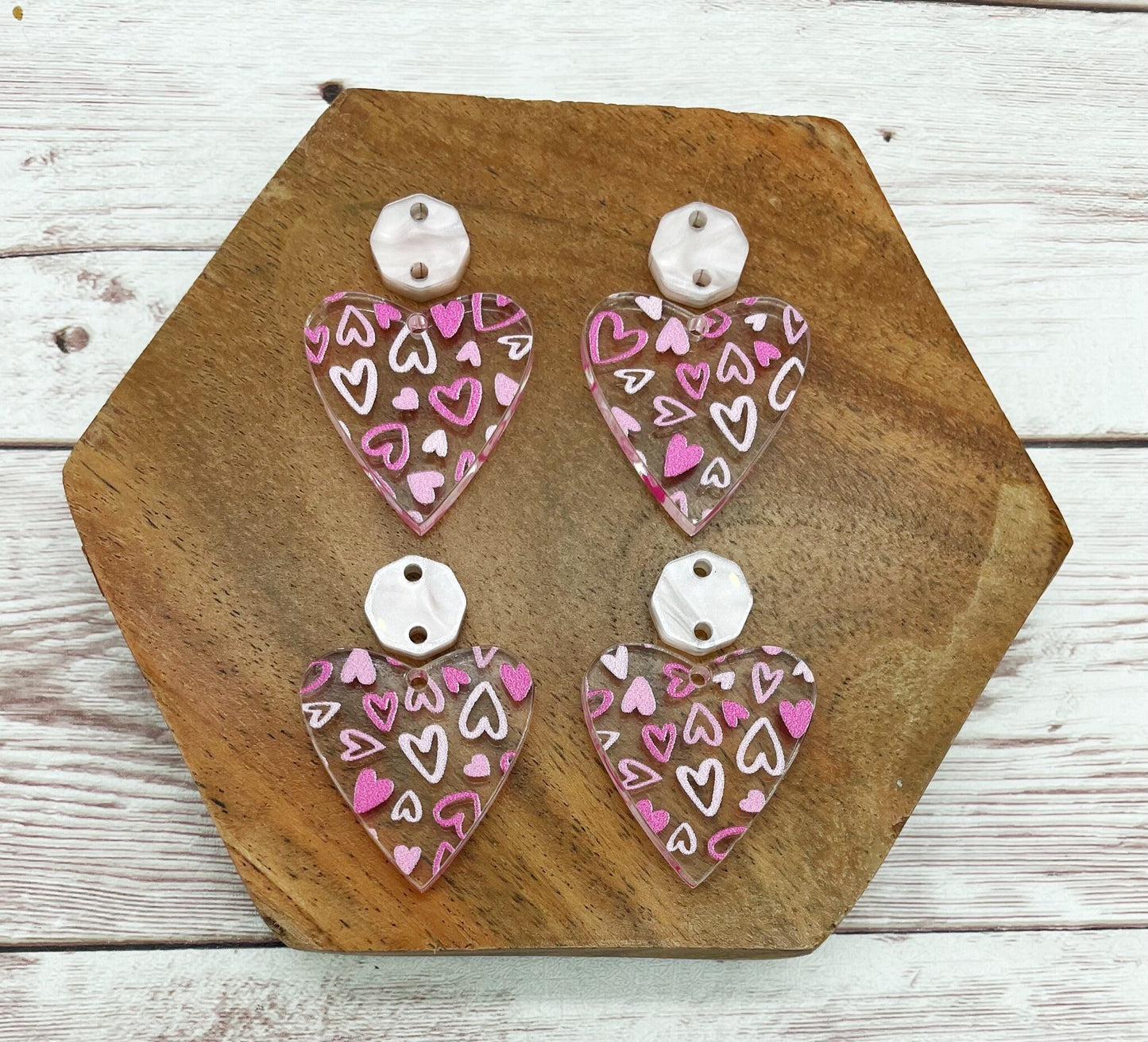 Pink Heart Print Acrylic Connector Set Valentine’s Earring Blanks, DIY Jewelry Making