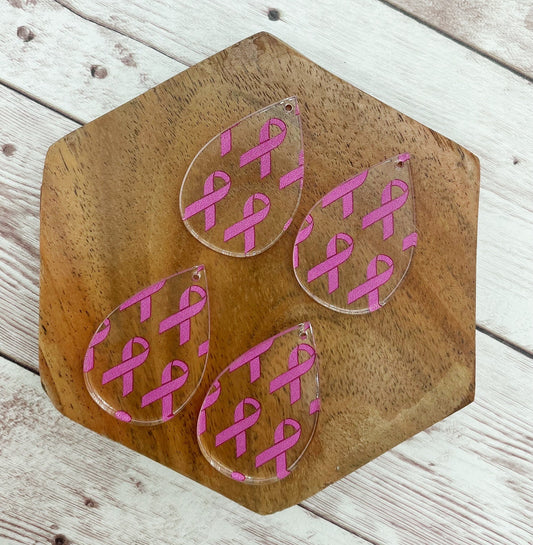 Pink Cancer Ribbon Print Acrylic Teardrop Earring Blanks, DIY Jewelry Making