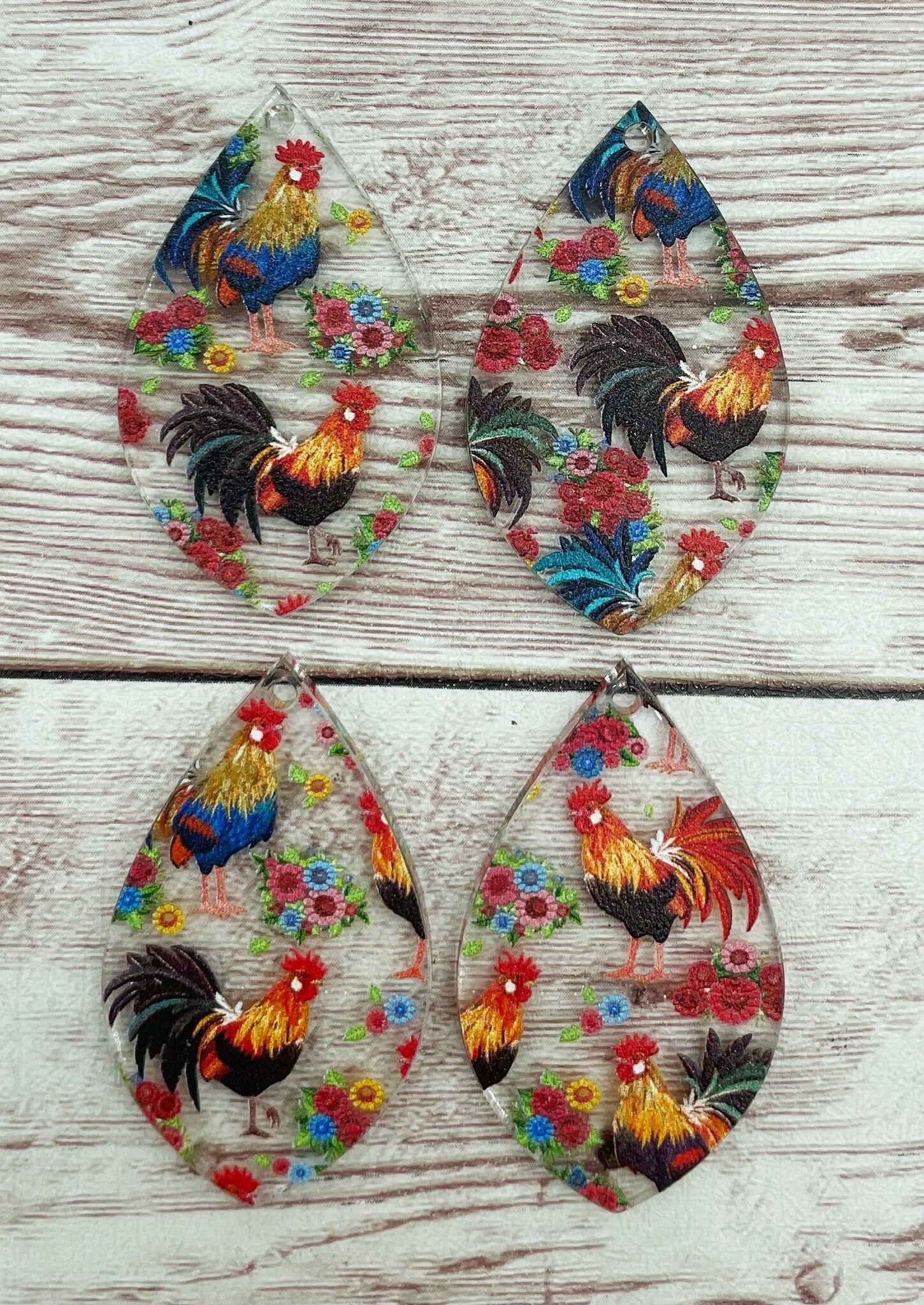 Floral Rooster Farm Print Acrylic Teardrop Earring Blanks, DIY Jewelry Making