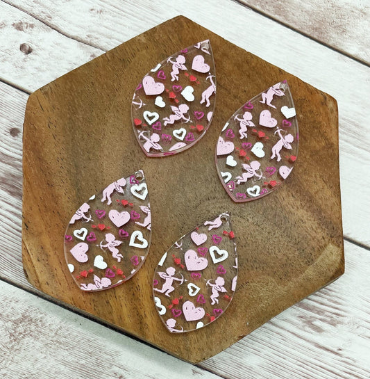 Cupid Heart Print Acrylic Teardrop Valentine’s Earring Blanks, DIY Jewelry Making