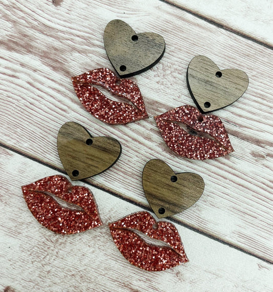 Pink Glitter Acrylic Lips and Wood Heart Set Valentine’s Earring Blanks, DIY Jewelry Making