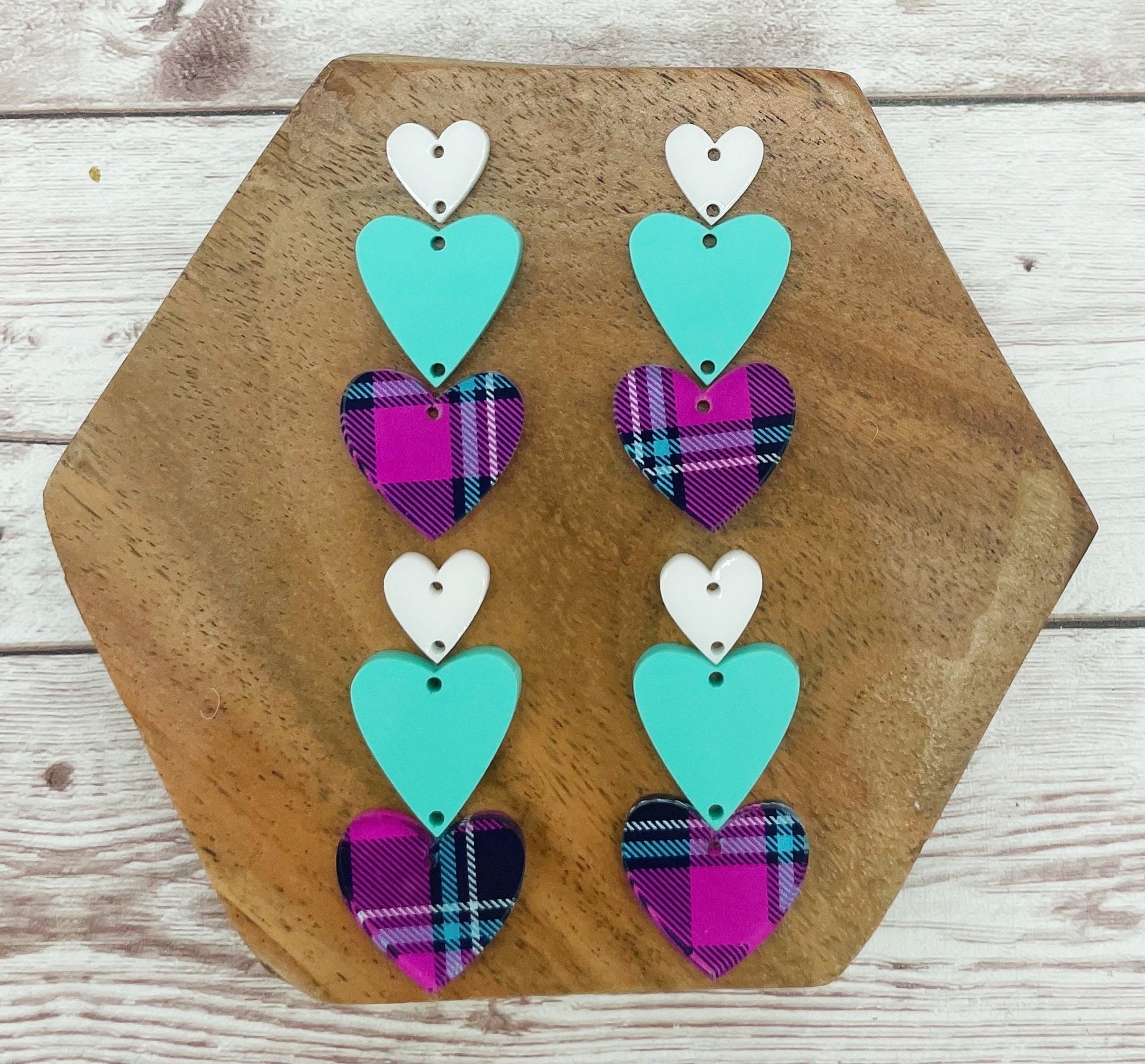 Pink and Teal Plaid Triple Stacked Hearts Valentine’s Earring Blanks, DIY Jewelry Making