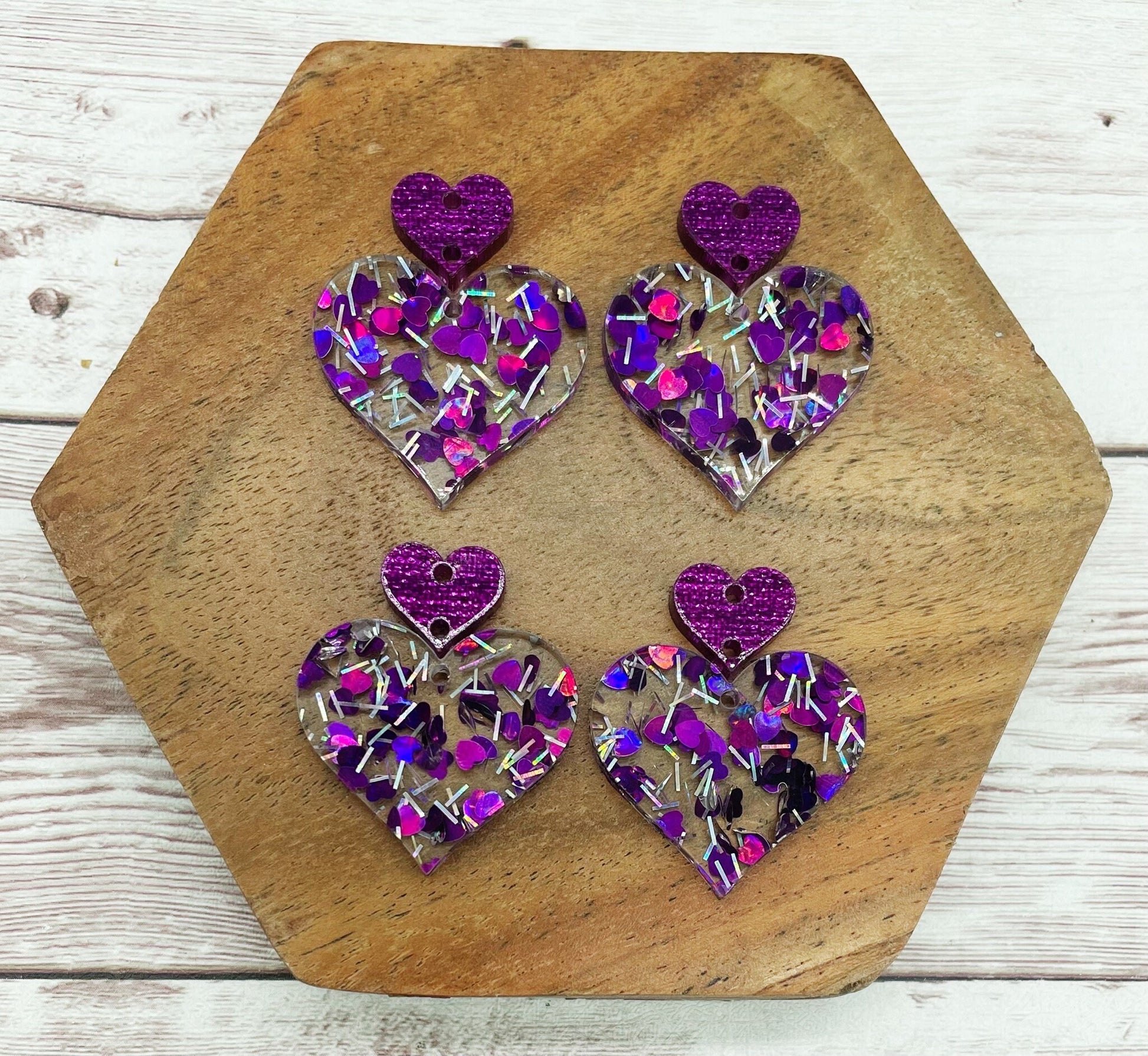 Purple Silver Heart Acrylic and Purple Heart Connector Valentine Earring Blanks, DIY Jewelry Making