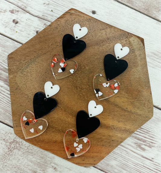 Pink White Black Clear Glitter Heart Print Triple Stacked Hearts Valentine’s Earring Blanks, DIY Jewelry Making