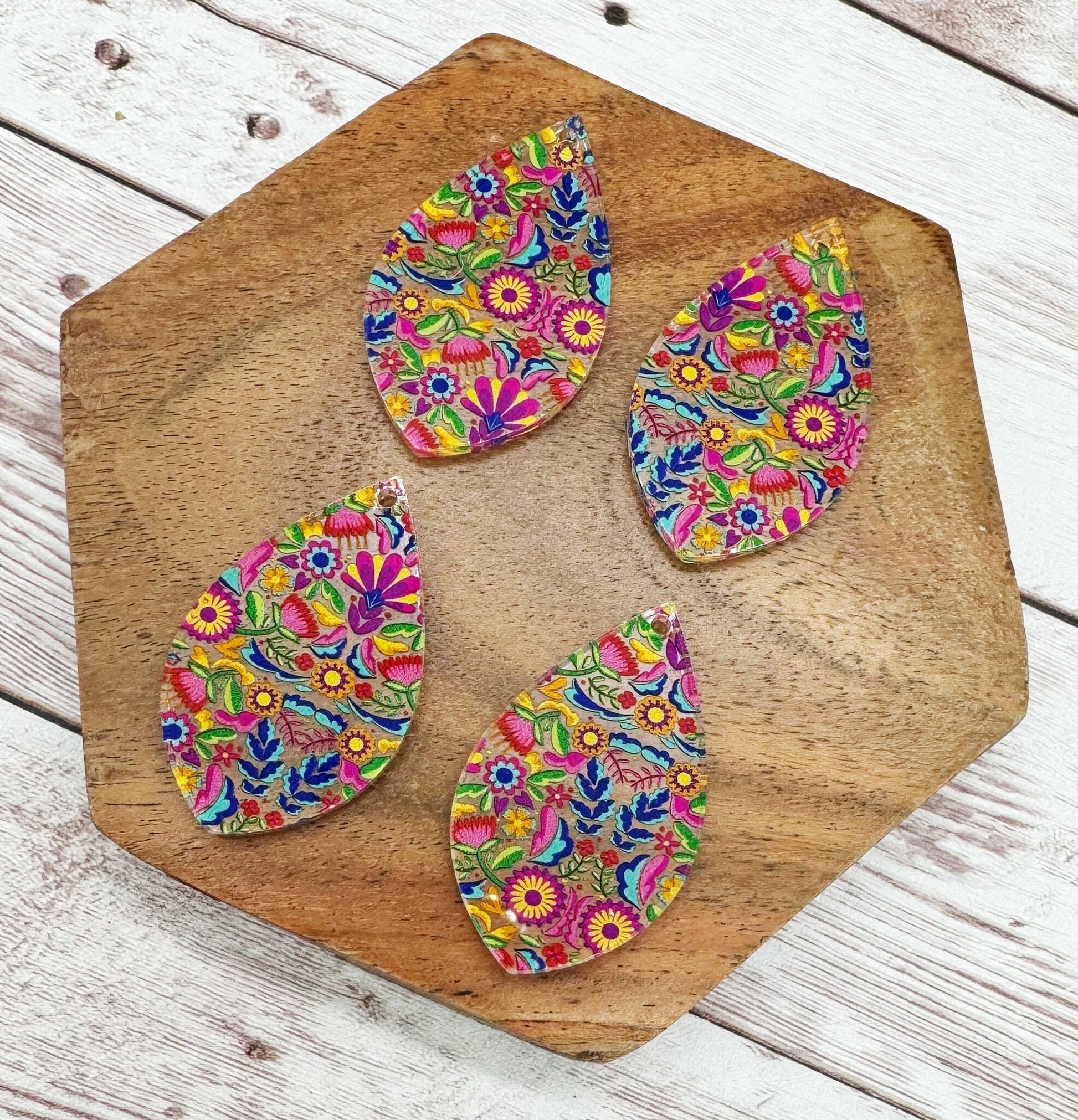 Patterned Mexican Floral Acrylic Teardrop Earring Blanks, DIY Jewelry Making