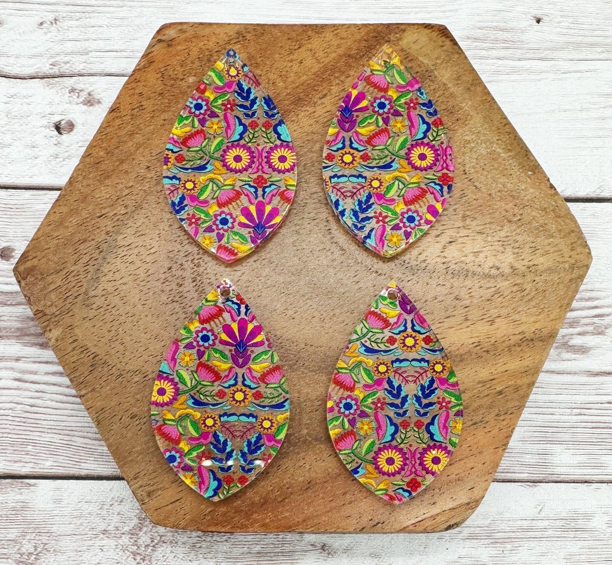 Patterned Mexican Floral Acrylic Teardrop Earring Blanks, DIY Jewelry Making