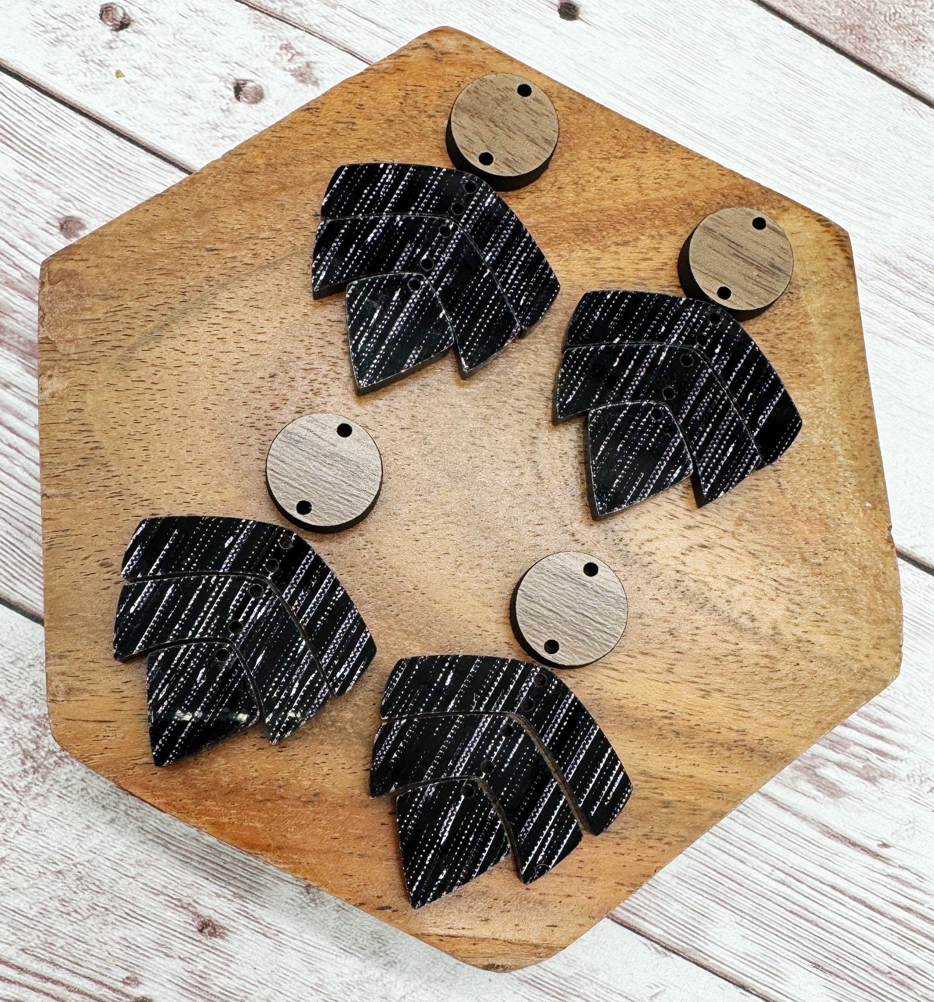 Black Linen Shimmer Petal Acrylic and Wood Circle Set Earring Blanks, DIY Jewelry Making