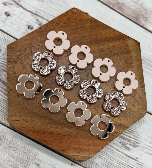 Mirrored Rose Gold, Glitter Rose Gold, and Blush Flower Trio Acrylic Earring Blanks, DIY Jewelry Making