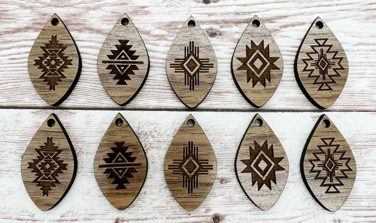 Set of 5 Aztec, Tribal, Southwest Engraved Finished Walnut Micro Teardrop Blanks, DIY Jewelry Making