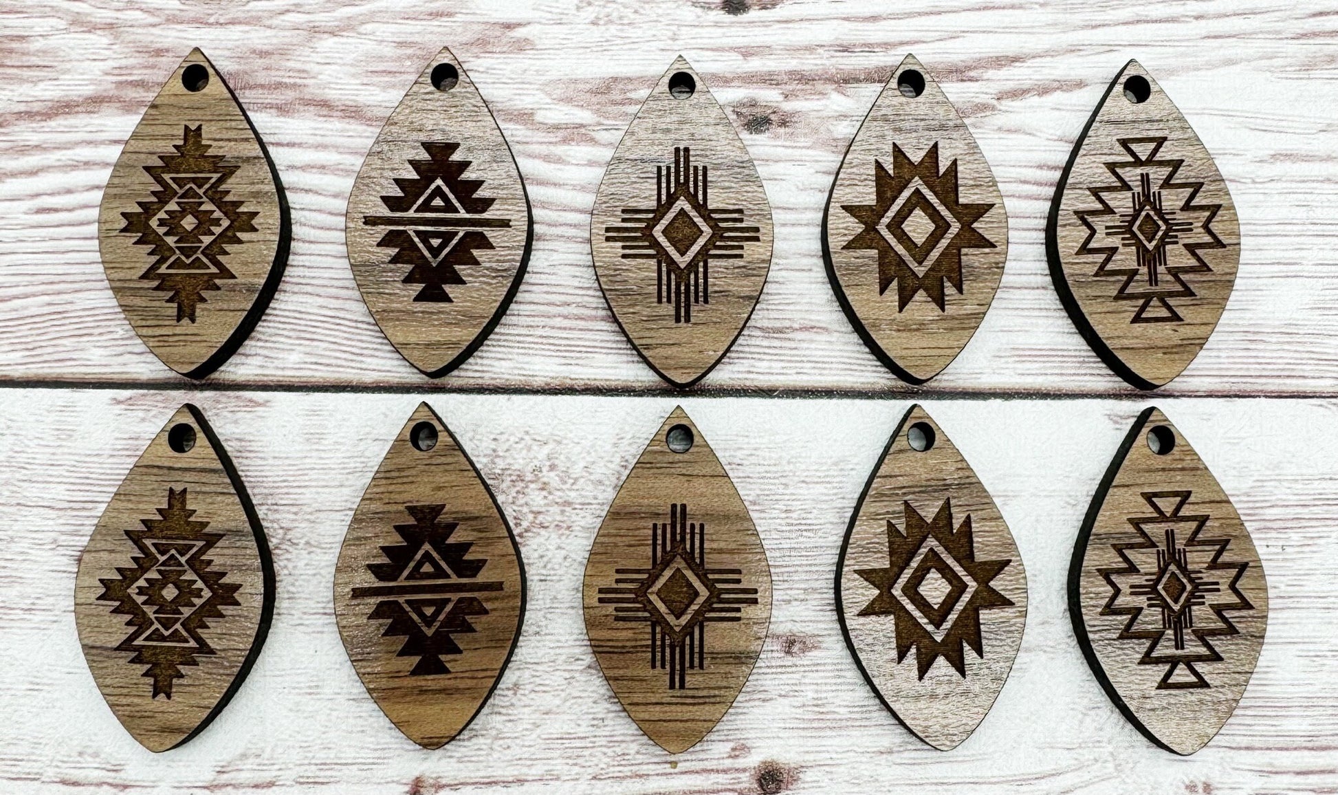 Set of 5 Aztec, Tribal, Southwest Engraved Finished Walnut Micro Teardrop Blanks, DIY Jewelry Making