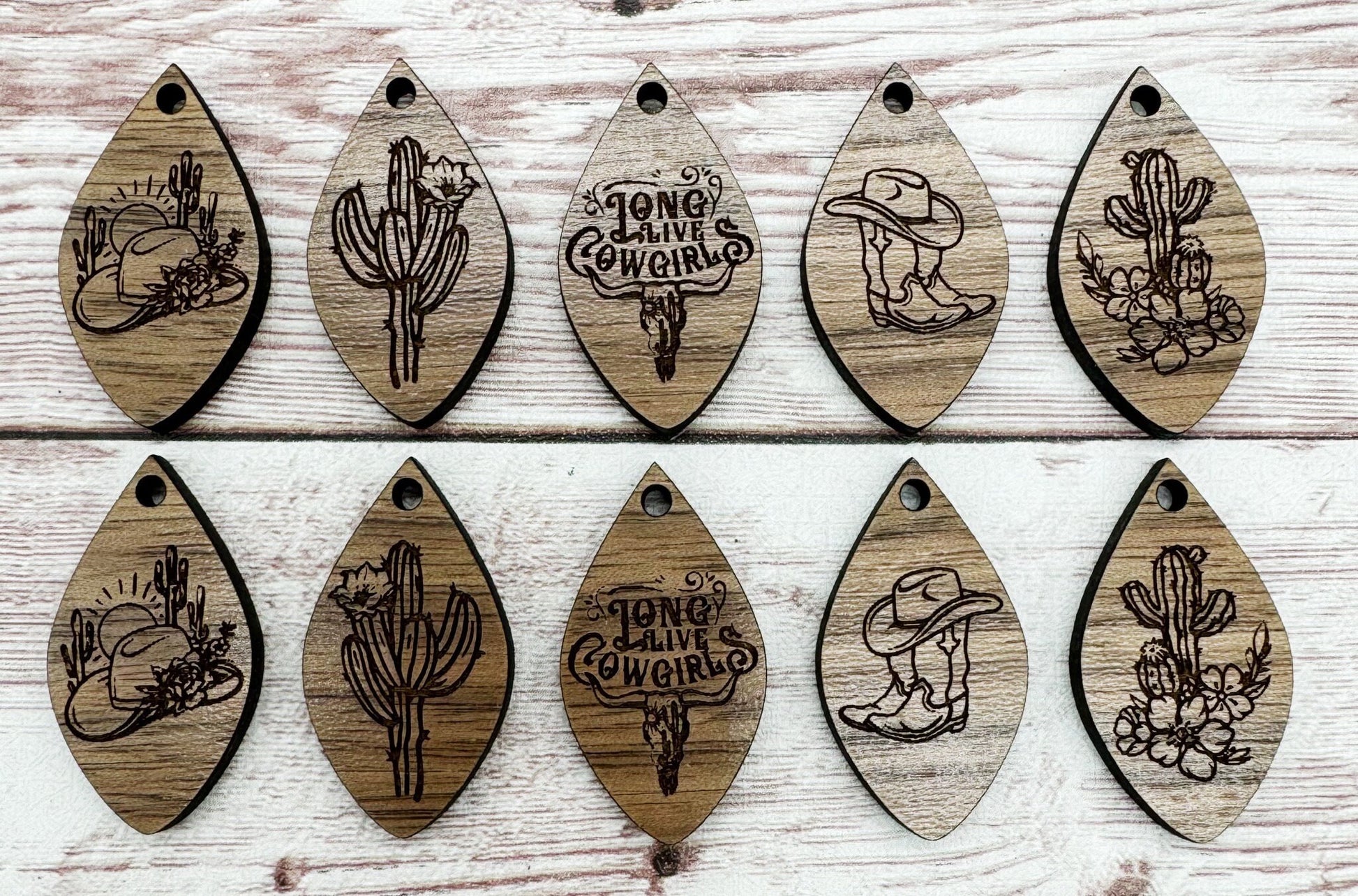 Set of 5 Country Cowgirl Western Engraved Finished Walnut Micro Teardrop Blanks, DIY Jewelry Making