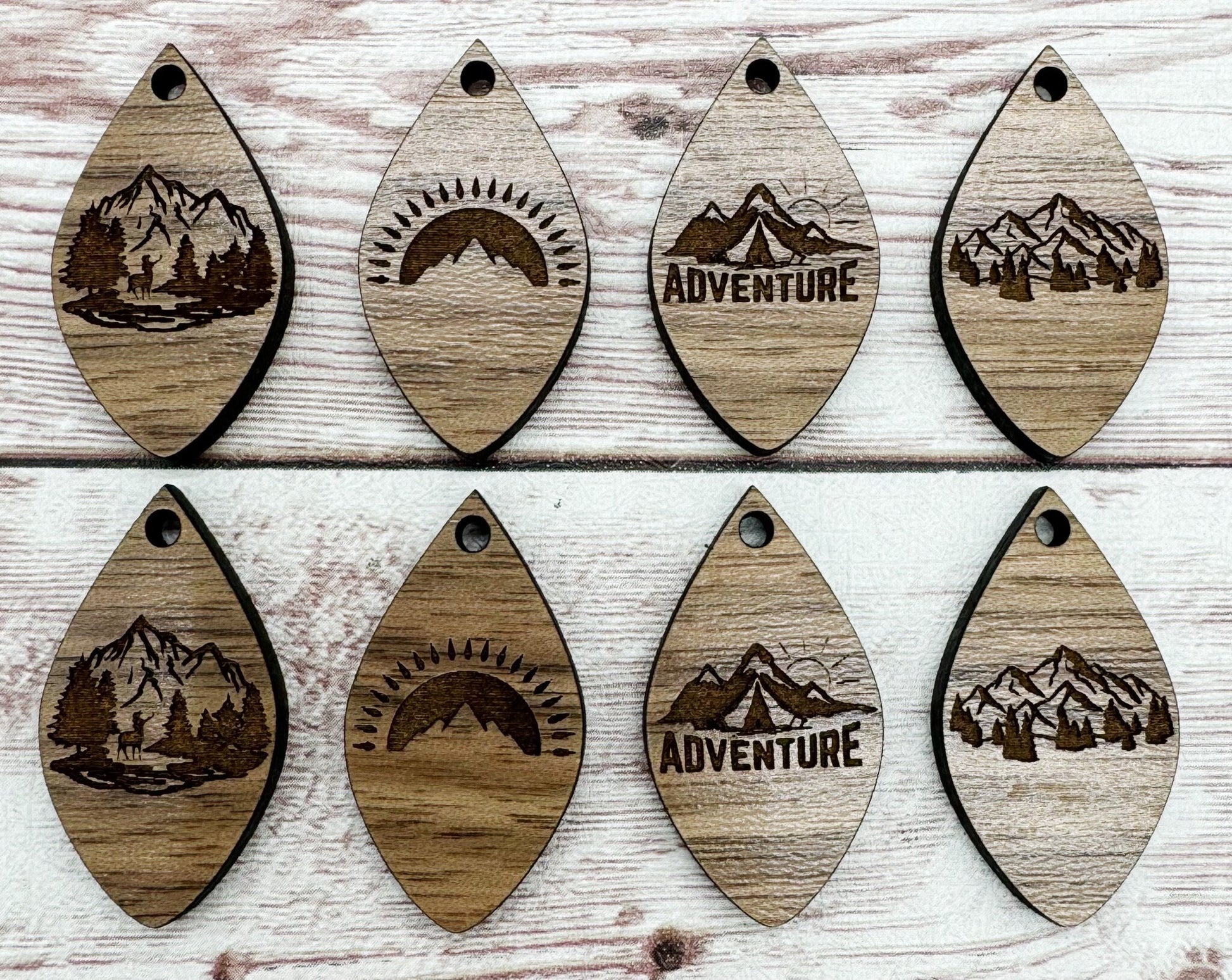 Set of 4 Mountain Adventure Outdoors Engraved Finished Walnut Micro Teardrop Blanks, DIY Jewelry Making