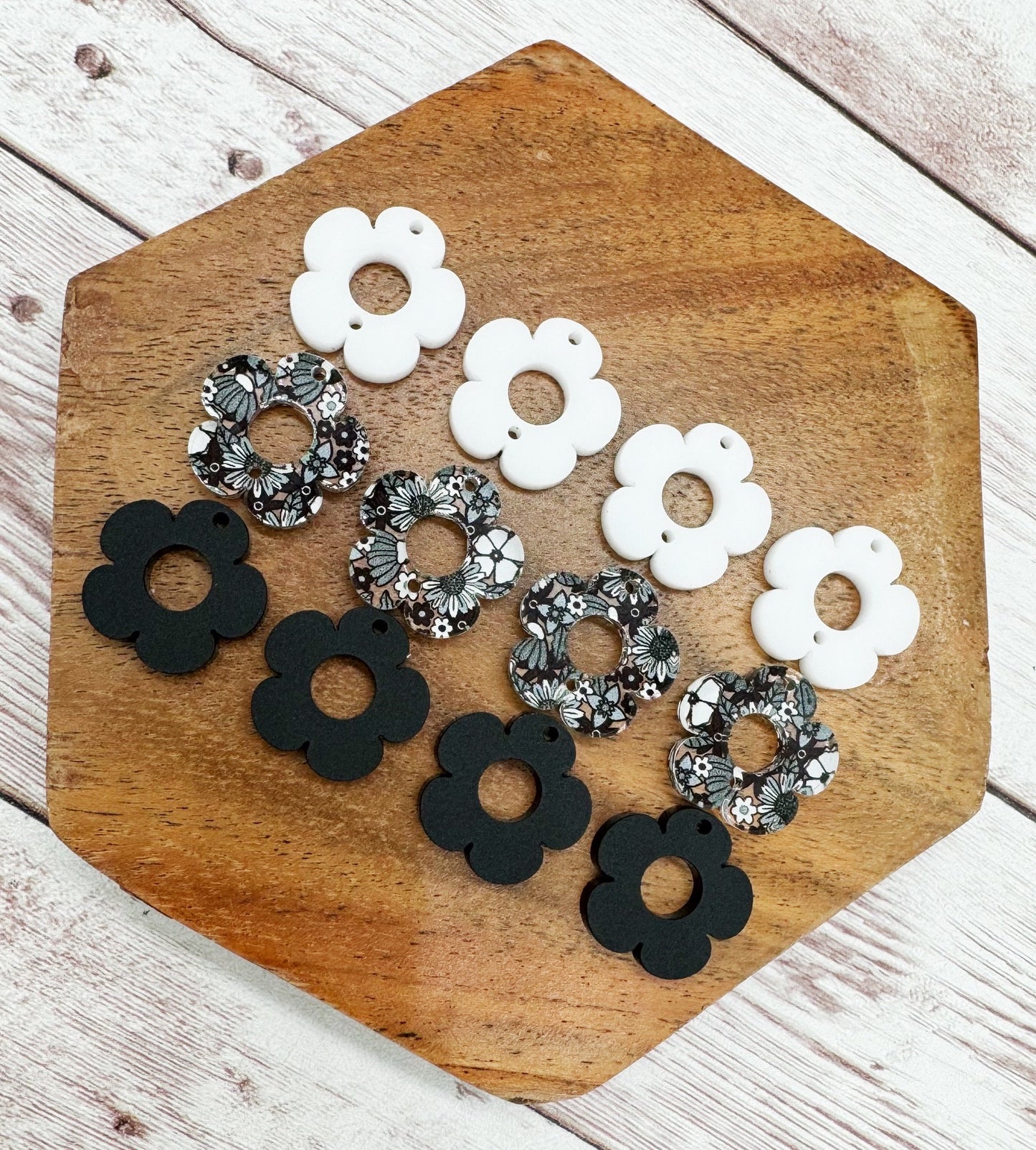 Frosted Black, Black Grey Floral Print, and Frosted White Flower Trio Acrylic Earring Blanks, DIY Jewelry Making