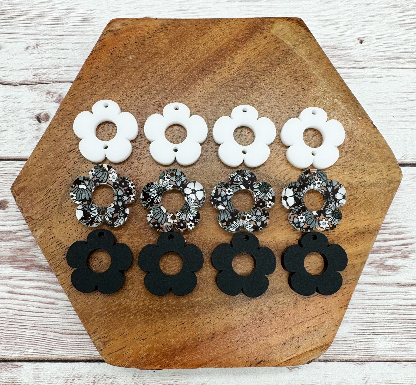 Frosted Black, Black Grey Floral Print, and Frosted White Flower Trio Acrylic Earring Blanks, DIY Jewelry Making