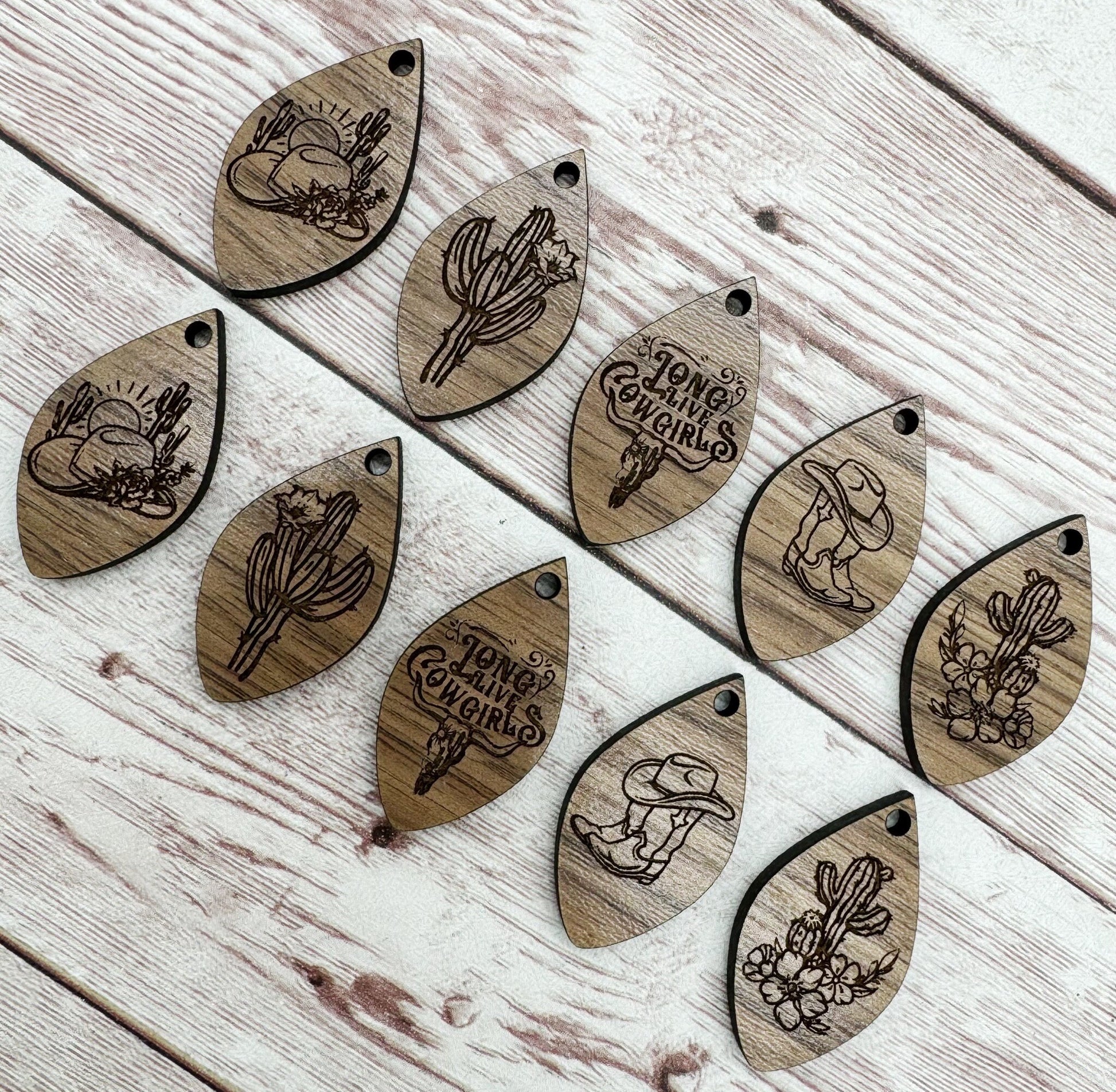 Set of 5 Country Cowgirl Western Engraved Finished Walnut Micro Teardrop Blanks, DIY Jewelry Making