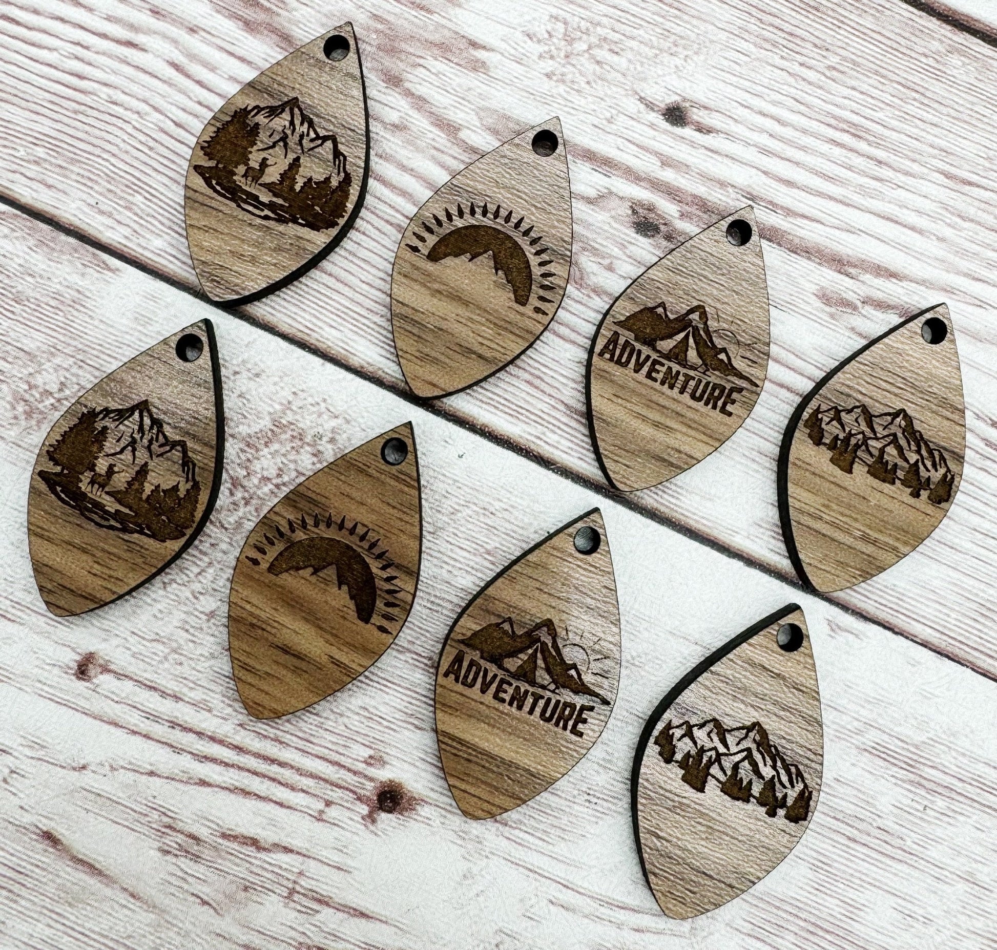 Set of 4 Mountain Adventure Outdoors Engraved Finished Walnut Micro Teardrop Blanks, DIY Jewelry Making