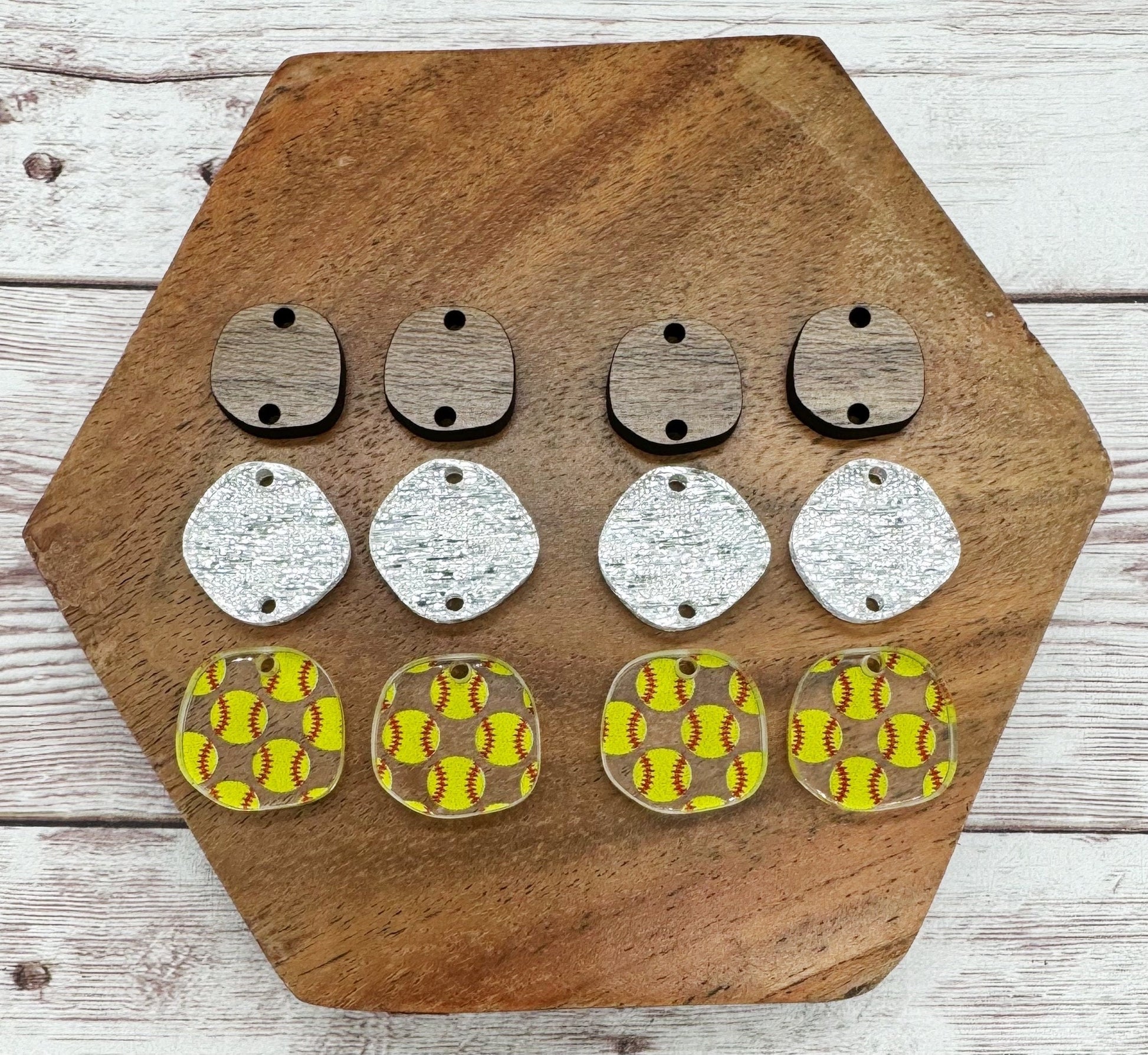 Patterned Softball Silver Shimmer Acrylic and Wood Trio Set, DIY Jewelry Making