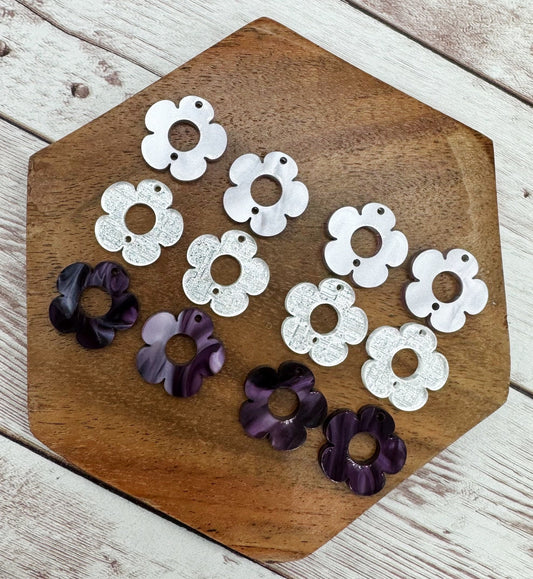 Dark Purple Pearl, Silver Linen Mirrored, and Lilac Pearl Flower Trio Acrylic Earring Blanks, DIY Jewelry Making