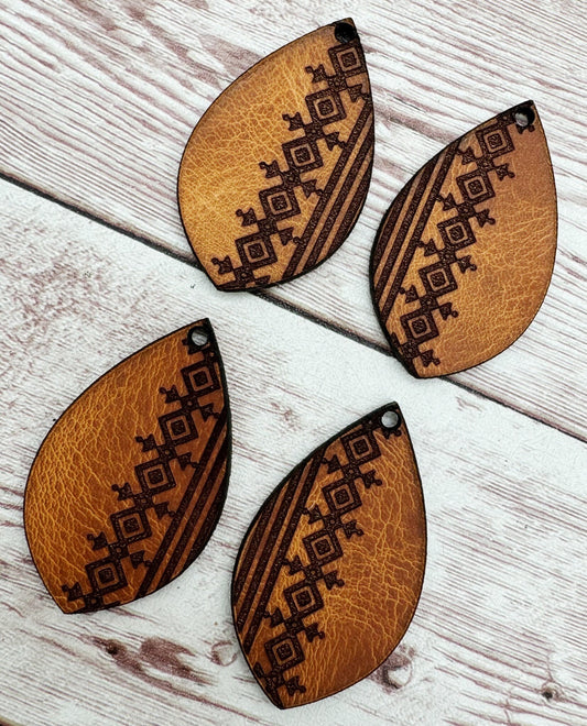 Engraved Vegetable Tanned Leather Aztec Southwest Tribal Teardrop Earring Blanks, DIY Jewelry Making