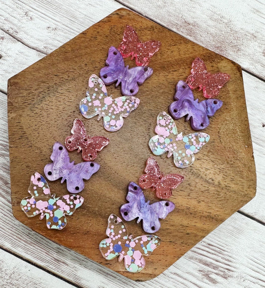 Purple Pink Teal Glitter Butterfly Trio Acrylic Earring Blanks, DIY Jewelry Making