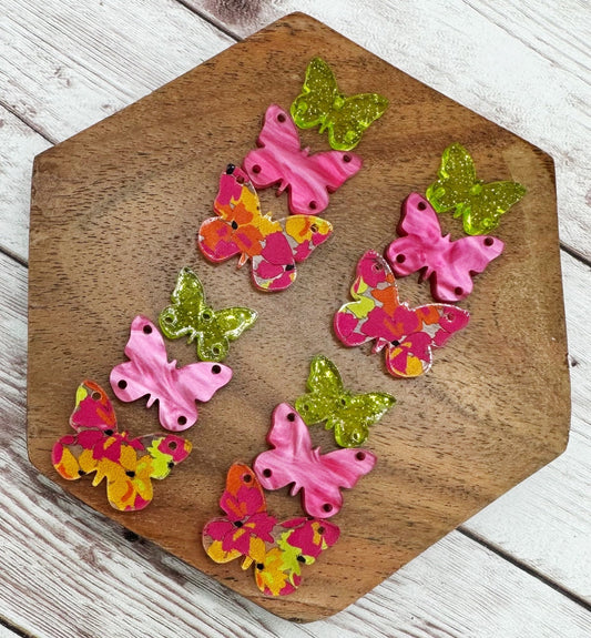 Bright Floral Print, Hot Pink Pearl, Lime Green Glitter Butterfly Trio Acrylic Earring Blanks, DIY Jewelry Making