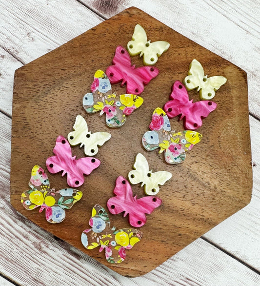 Spring Floral Print, Hot Pink Pearl, and Yellow Pearl Butterfly Trio Acrylic Earring Blanks, DIY Jewelry Making