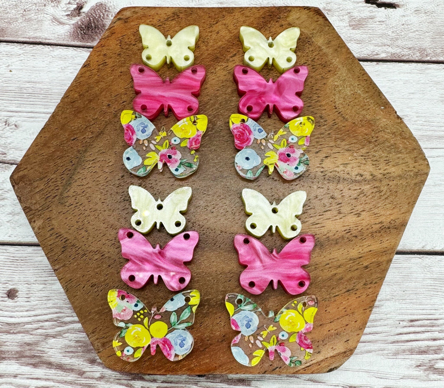 Spring Floral Print, Hot Pink Pearl, and Yellow Pearl Butterfly Trio Acrylic Earring Blanks, DIY Jewelry Making