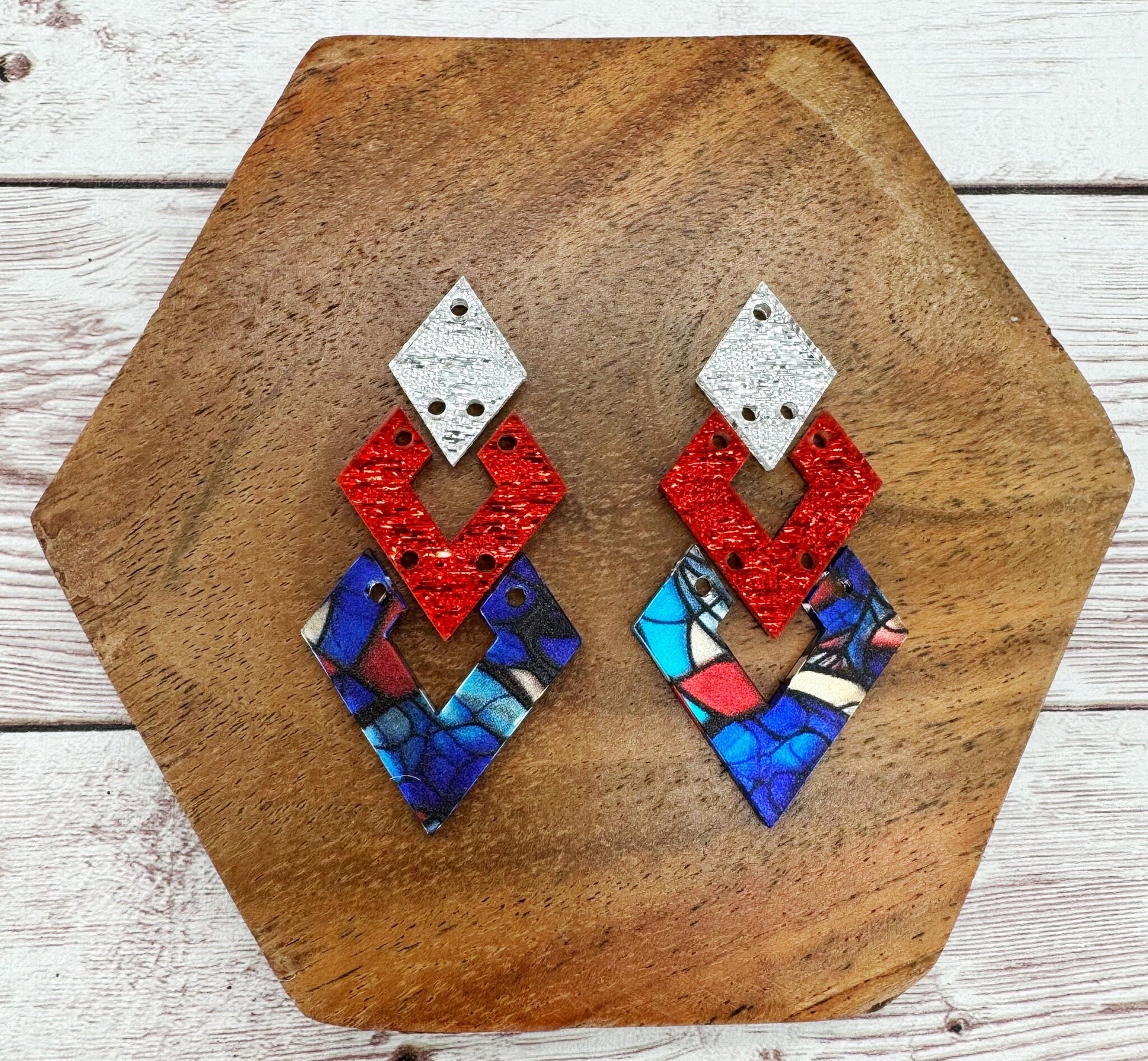 Stained Glass Patriotic Diamond Trio Acrylic Earring Blanks, DIY Jewelry Making