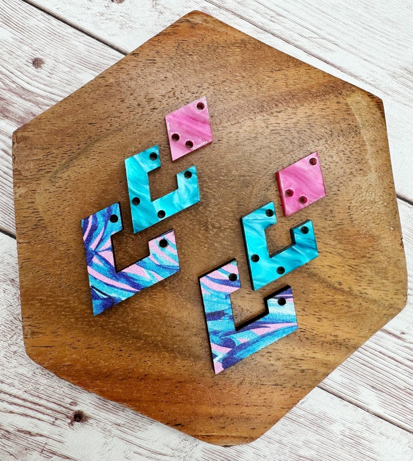 Tropical Patterned Wood and Acrylic Diamond Trio Acrylic Earring Blanks, DIY Jewelry Making