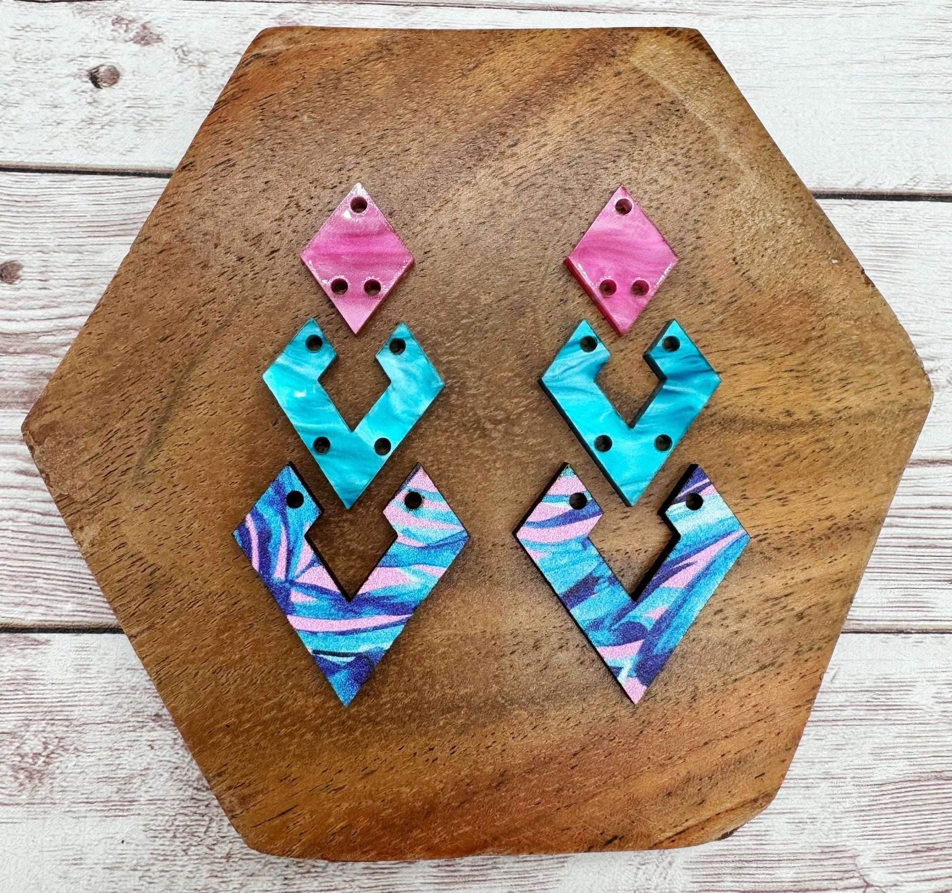 Tropical Patterned Wood and Acrylic Diamond Trio Acrylic Earring Blanks, DIY Jewelry Making