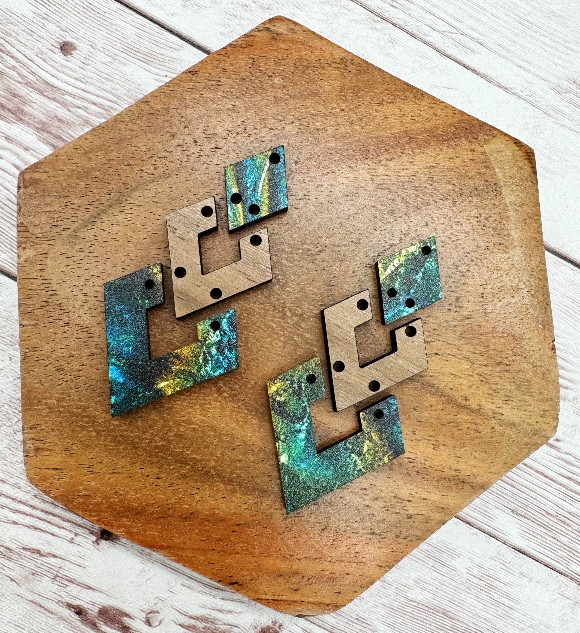 Blue and Gold Print Patterned Wood and Finished Walnut Diamond Trio Acrylic Earring Blanks, DIY Jewelry Making