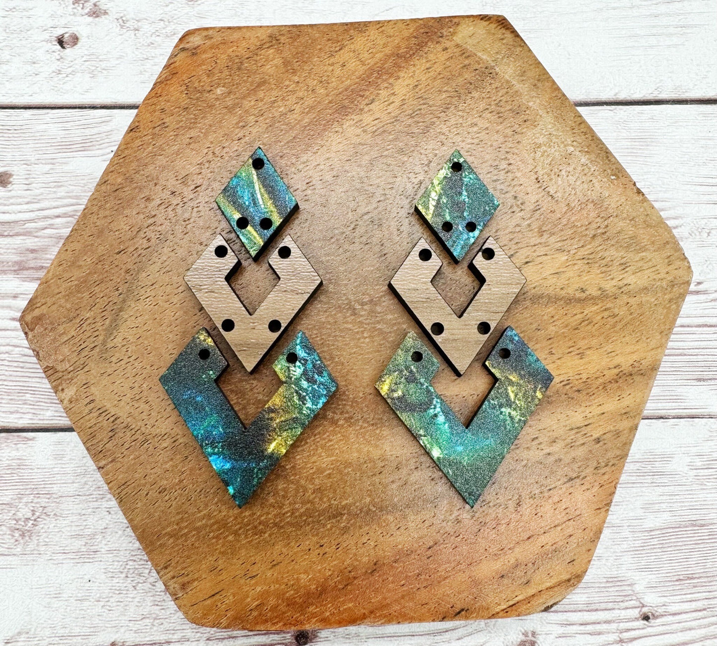 Blue and Gold Print Patterned Wood and Finished Walnut Diamond Trio Acrylic Earring Blanks, DIY Jewelry Making